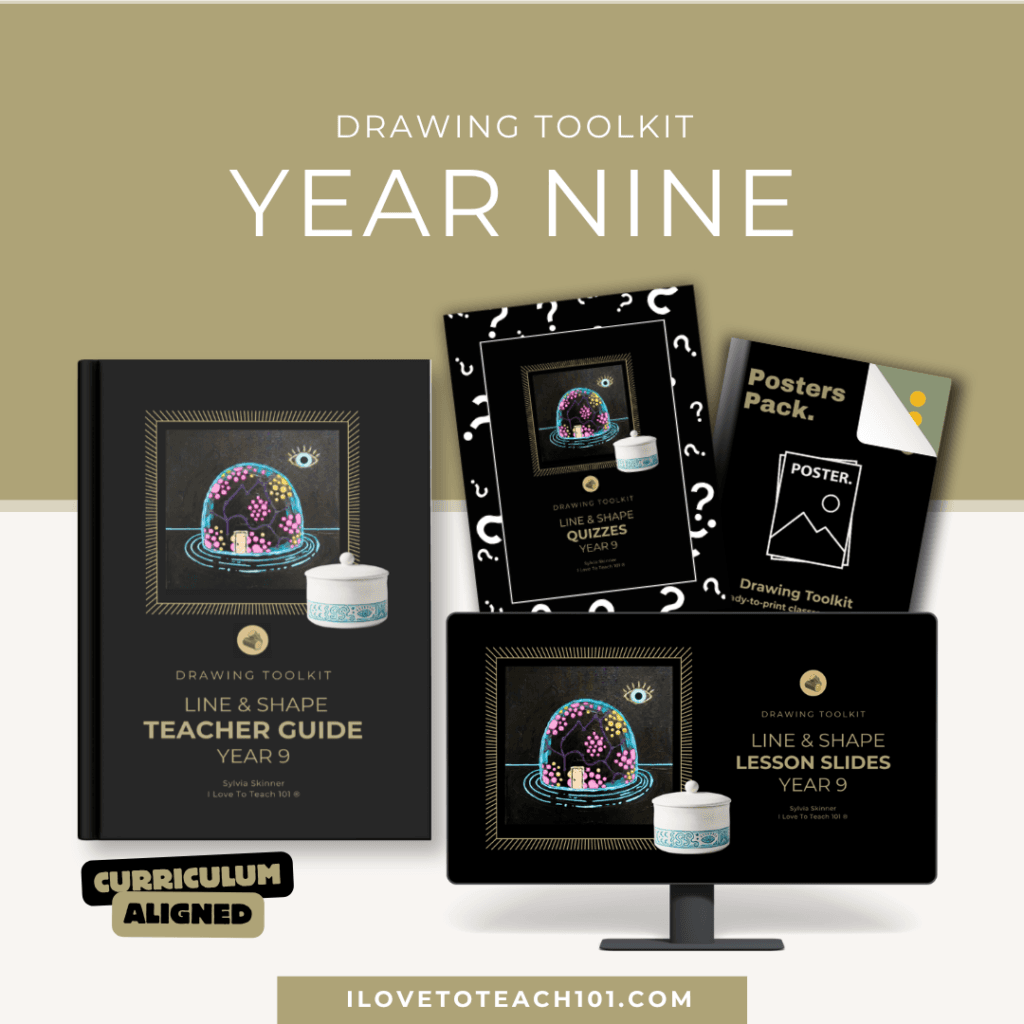 CampFire year 9 line & shape art lessons  teaching resource with lesson slides, Teacher Guide, quizzes and poster pack