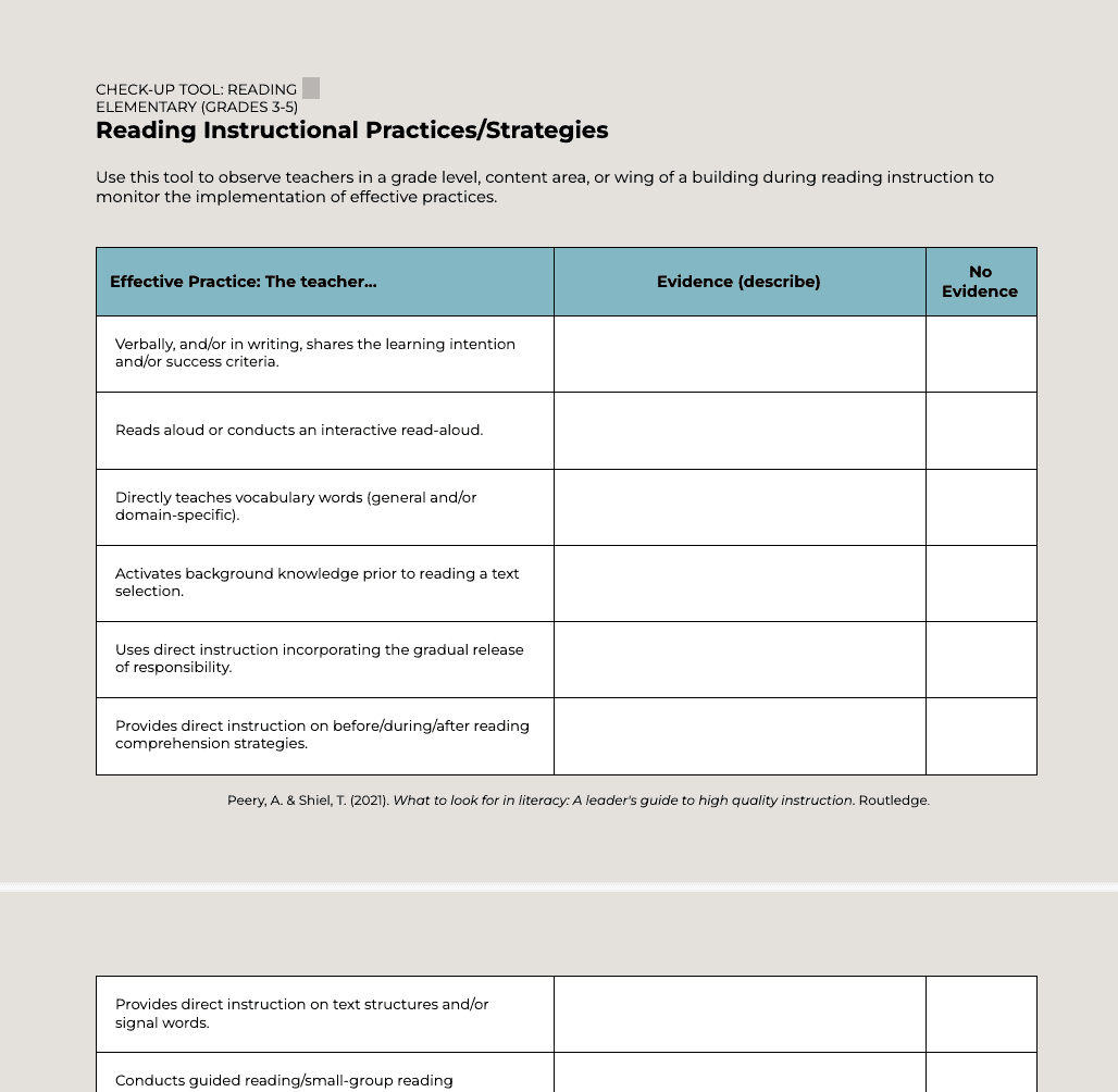 Early Literacy Skills READING checkup tool