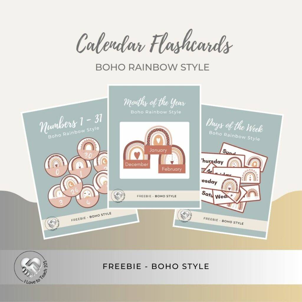 FREE calendar flashcards - boho rainbow style