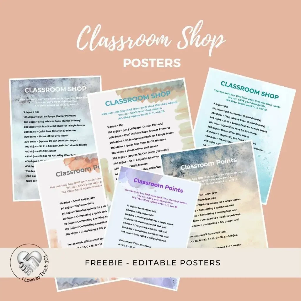 free classroom shop ediable posters