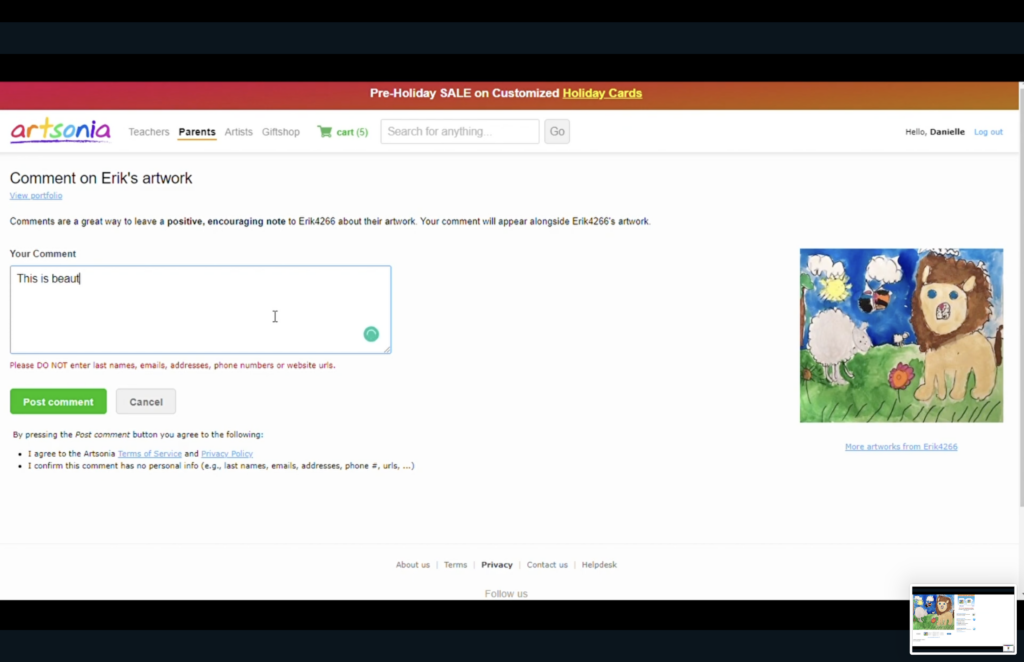 Artsonia - parents can comment on student artwork