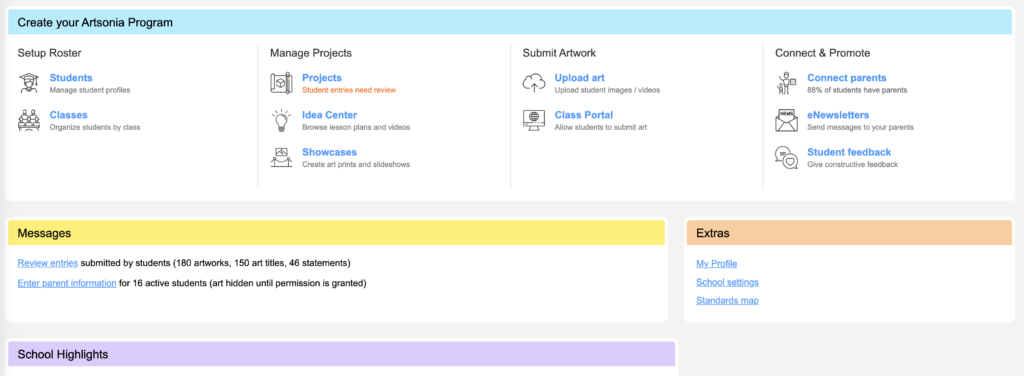 Artsonia dashboard view is easy and intuitive to use