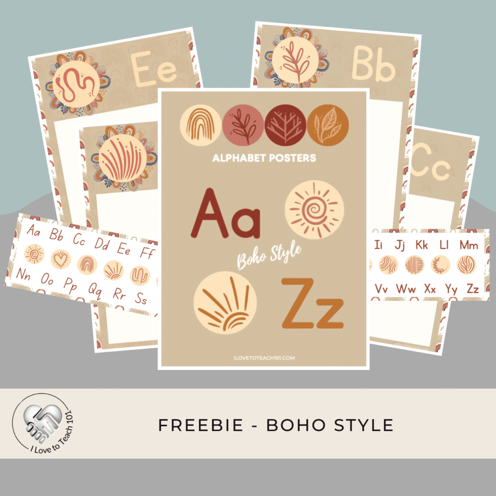 Boho Style Alphabet Posters with desk alphabet strips